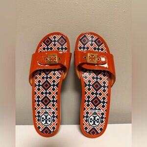 Tory Burch Dixon Wooden Platform Slides Clogs Sandals Orange Patent Leather US 9